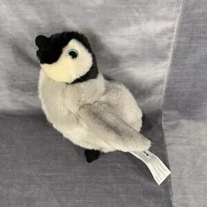 Toys R Us Penguin Plush Gray White Black Fuzzy Baby Emperor 8" Blue Eyes 2012